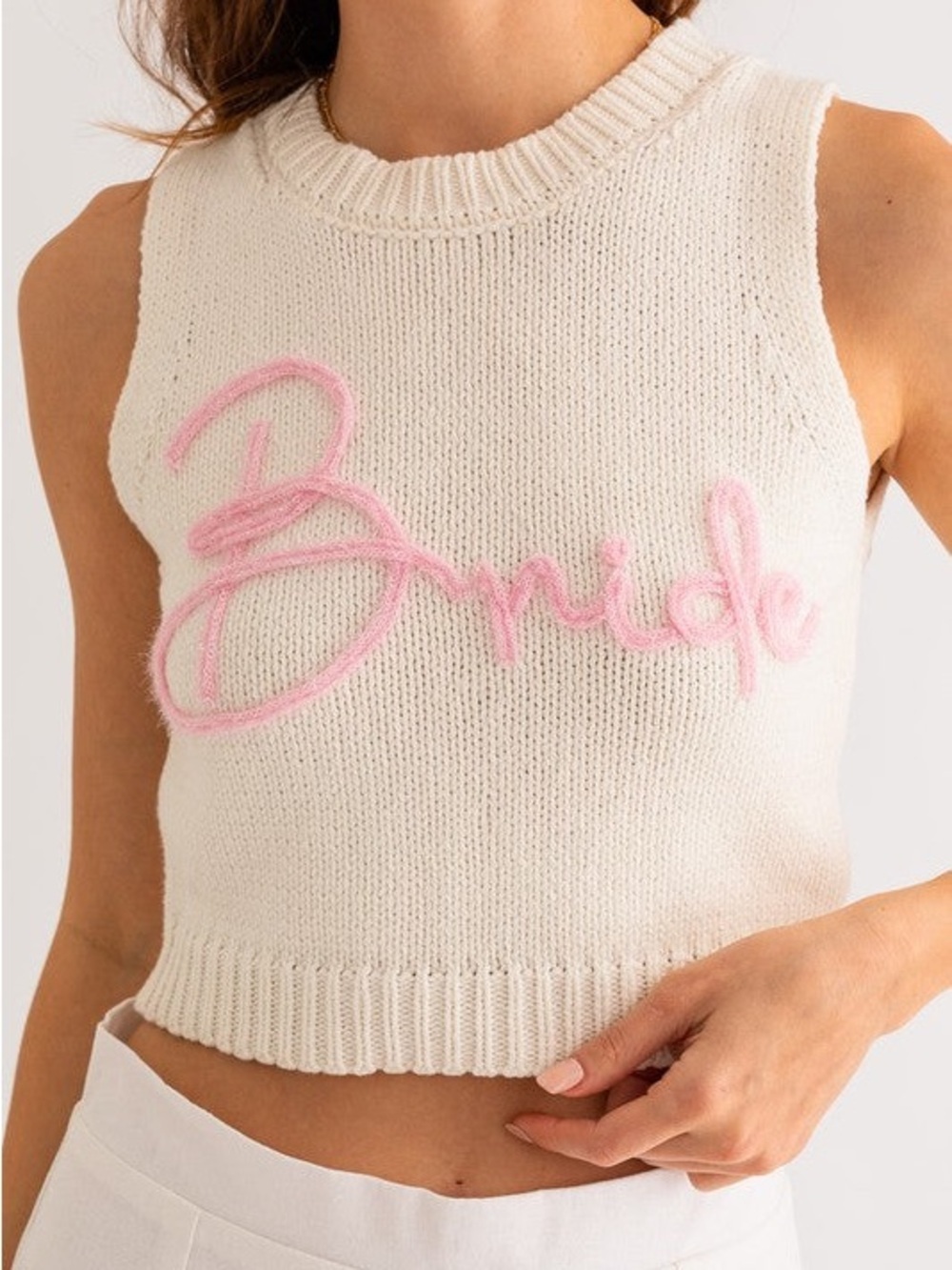 Le Lis Cream Knit Crop Tank with Pink Bride Script - Picture 3 of 5